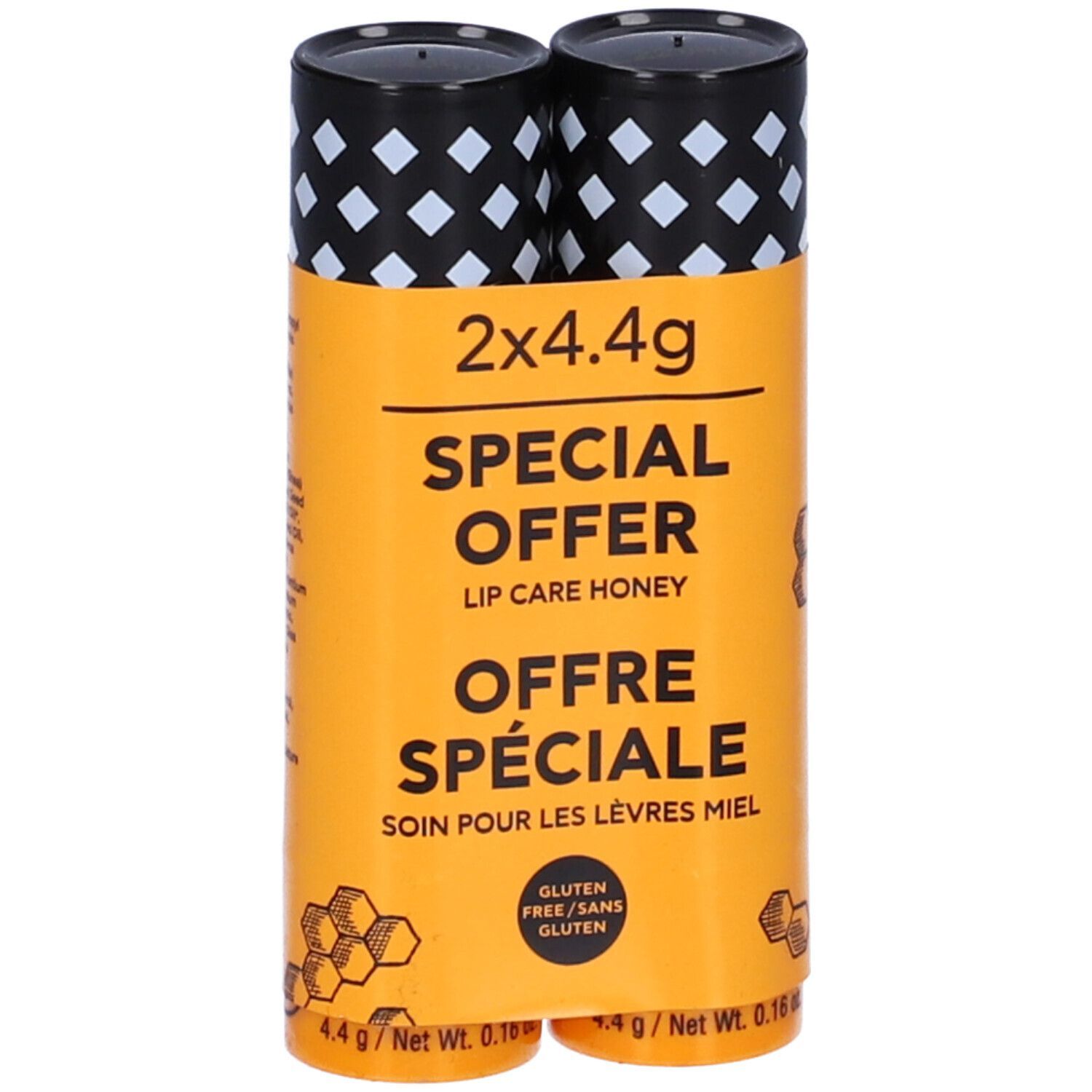 Set di due stick labbra. Confezione gialla con coperchio nero. Scritta: 2x4.4g, Special Offer, Offre Spéciale.