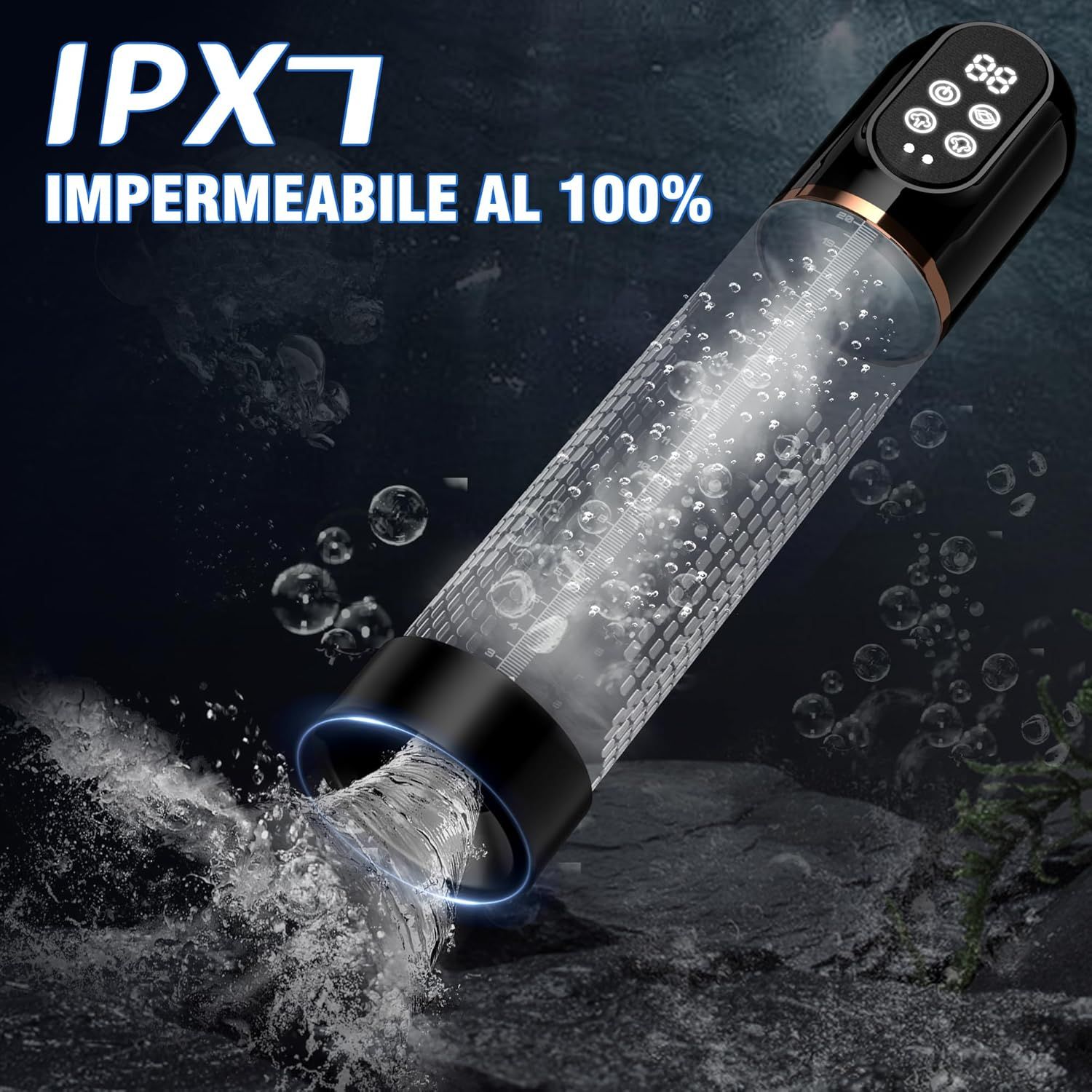 Pompa con display digitale. Impermeabile IPX7. Corpo nero con dettagli dorati.