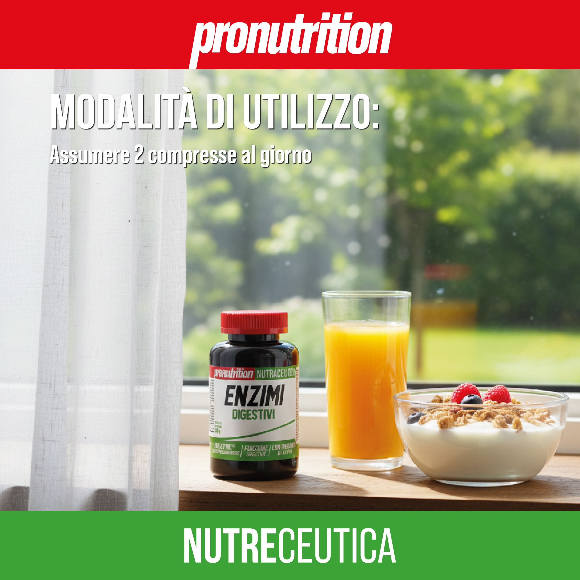 Flacone marrone con tappo rosso. Scritta: Enzimi Digestivi. Accanto, bicchiere di succo, ciotola con cereali e yogurt.