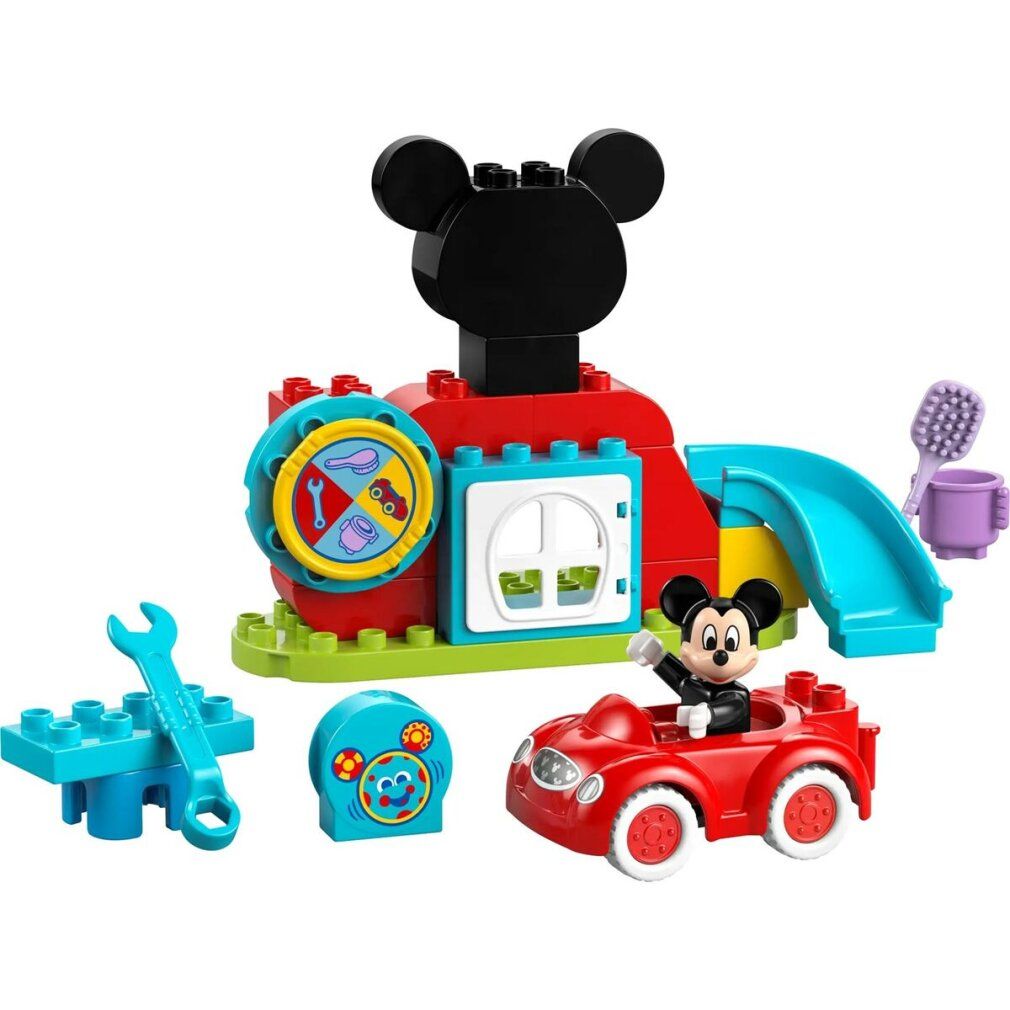 Set LEGO DUPLO. Auto rossa, edificio con orecchie di Mickey, scivolo, attrezzi. Include la figura di Mickey Mouse.