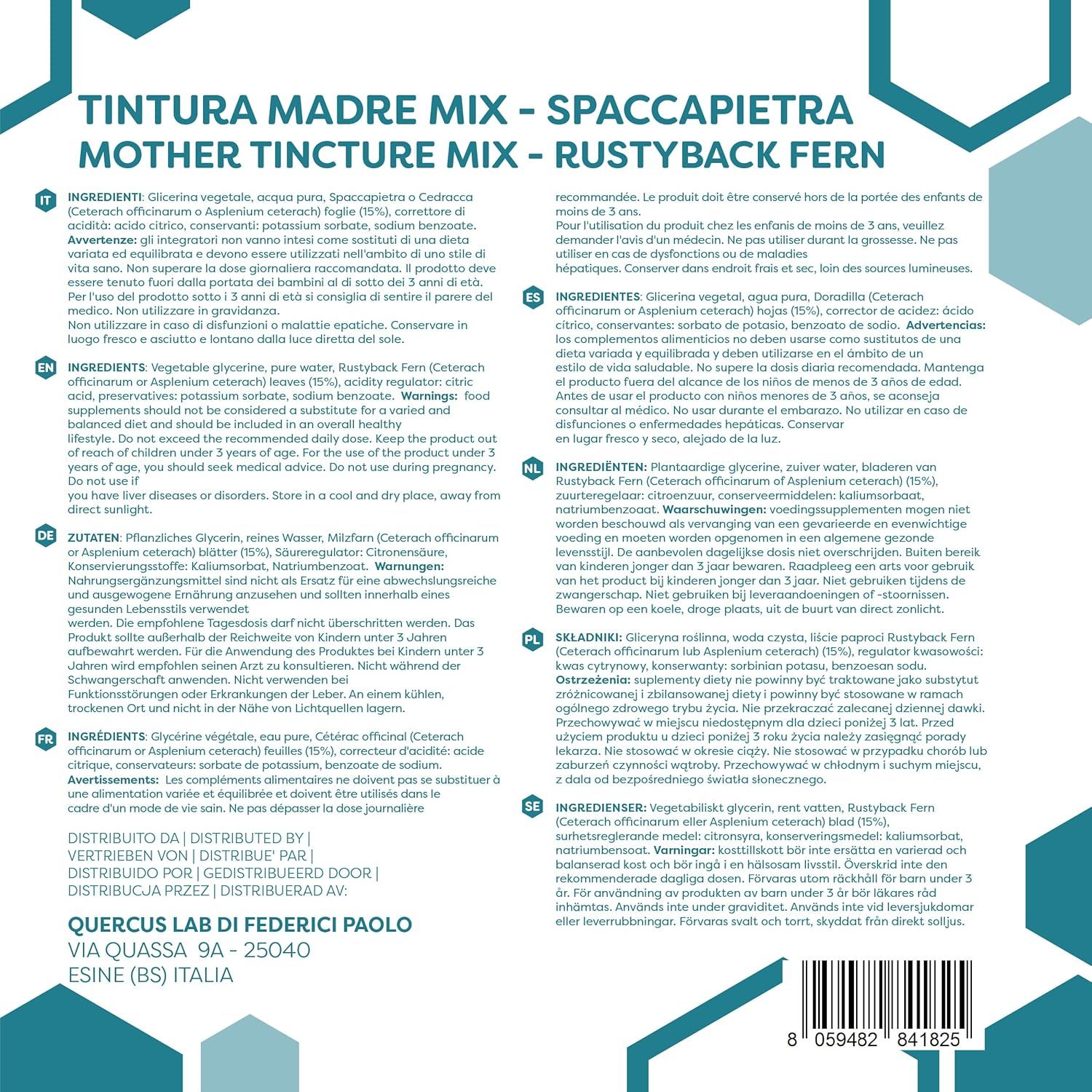 Flacone Tintura Madre Mix - Spaccapietra - Felce Rustyback. Contiene glicerina, acqua, estratto di Spaccapietra.
