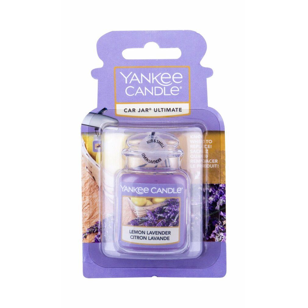 Yankee Candle Car Jar, profumo Lemon Lavender. Contenitore di vetro viola nella confezione. Testo: "Citron Lavande".