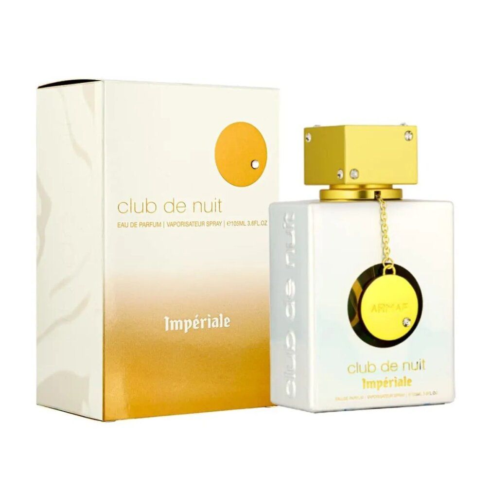 Flacone bianco con tappo e pendente dorati. Scritta: Club de Nuit Impériale. Confezione bianca con sfumatura dorata.