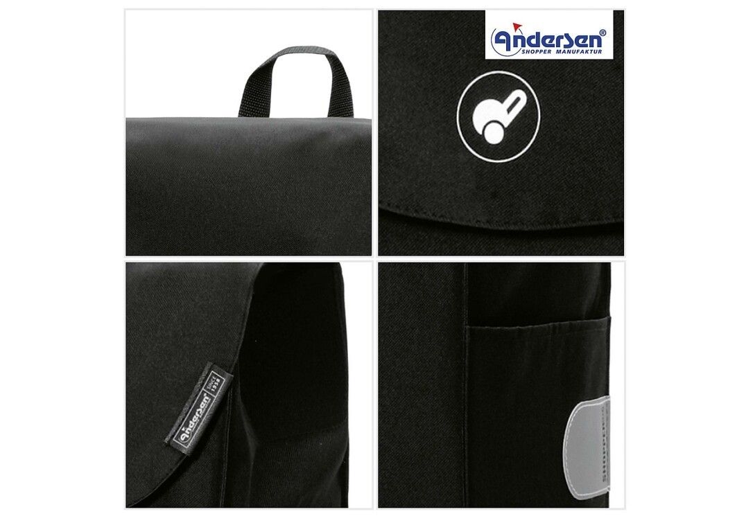 Andersen Scala Shopper Walker. Borsa nera con logo, manico, catarifrangente e tasca. Vista dettagliata.