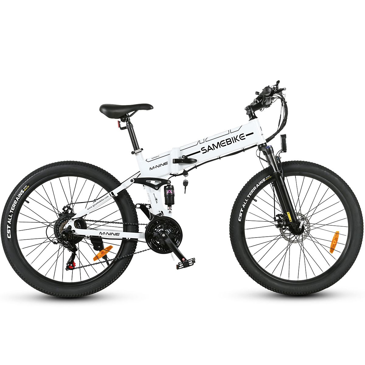 Bicicletta elettrica pieghevole, bianca, nera. Marchio SAMEBIKE. Pneumatici grandi, freni a disco. Dettagli: sella, manubrio, pedali.