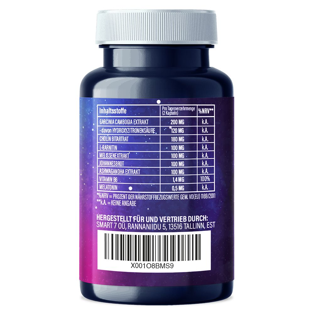 Retro di un barattolo con tabella nutrizionale dettagliata e informazioni del produttore per Enolenia Keto Night.