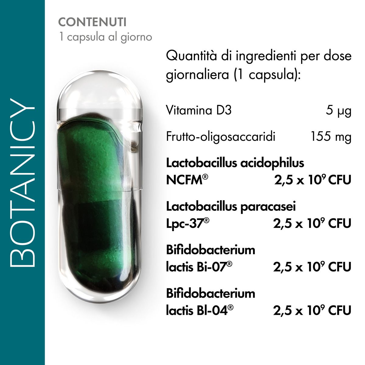 Infografica. Ingredienti per dose giornaliera (1 capsula): vitamina D3, frutto-oligosaccaridi, Lactobacillus, Bifidobacterium.