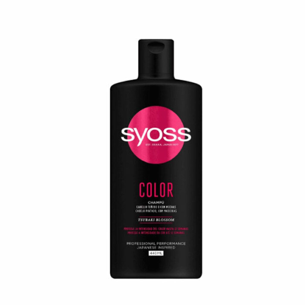 Flacone di shampoo nero con cerchio rosso e scritta bianca SYOSS. Testo: COLOR, TSUBAKI BLOSSOM. Performance professionale.