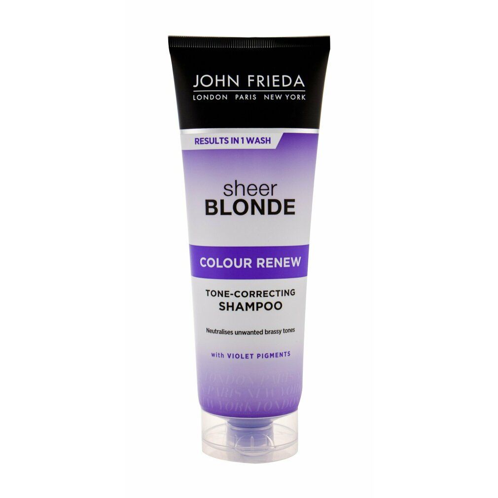 Tubo di shampoo viola. Tappo nero, scritta bianca: John Frieda. Etichetta viola e bianca: sheer blonde, Colour Renew.