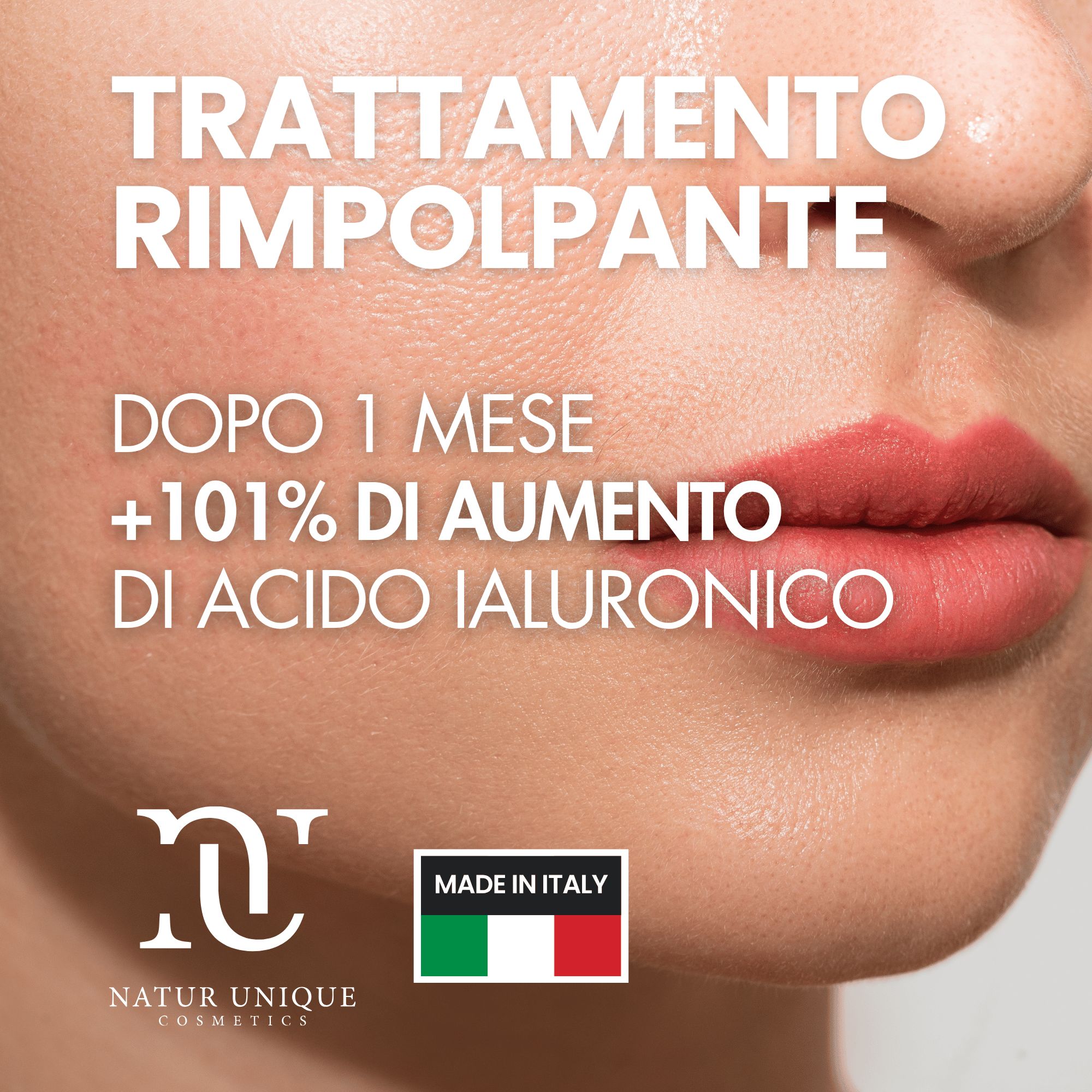 Primo piano di una donna con prodotto labbra, con testo sull'acido ialuronico.