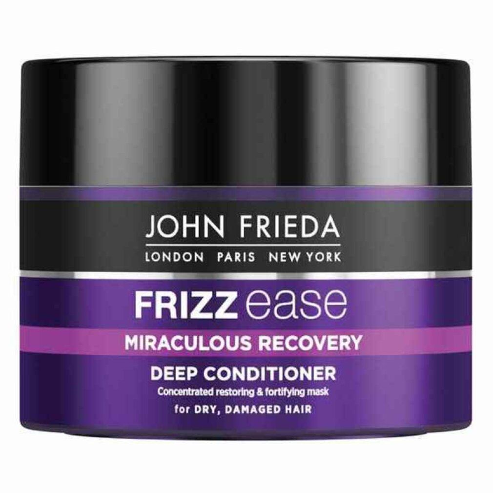John Frieda Frizz Ease Miraculous Recovery Deep Conditioner. Vaso rotondo, coperchio nero, etichetta viola.