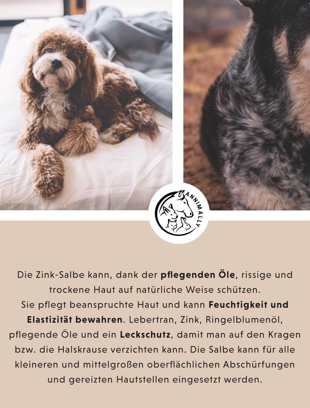 Testo con logo e cane. Testo: La pomata allo zinco protegge la pelle secca. Mantiene l'idratazione e l'elasticità. Ingredienti.