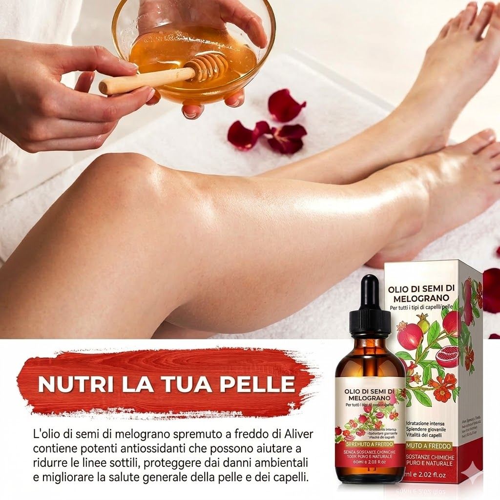 Gambe, pelle con olio. Flacone marrone con contagocce, olio di semi di melograno. Testo: Nutri la tua pelle. Confezione.