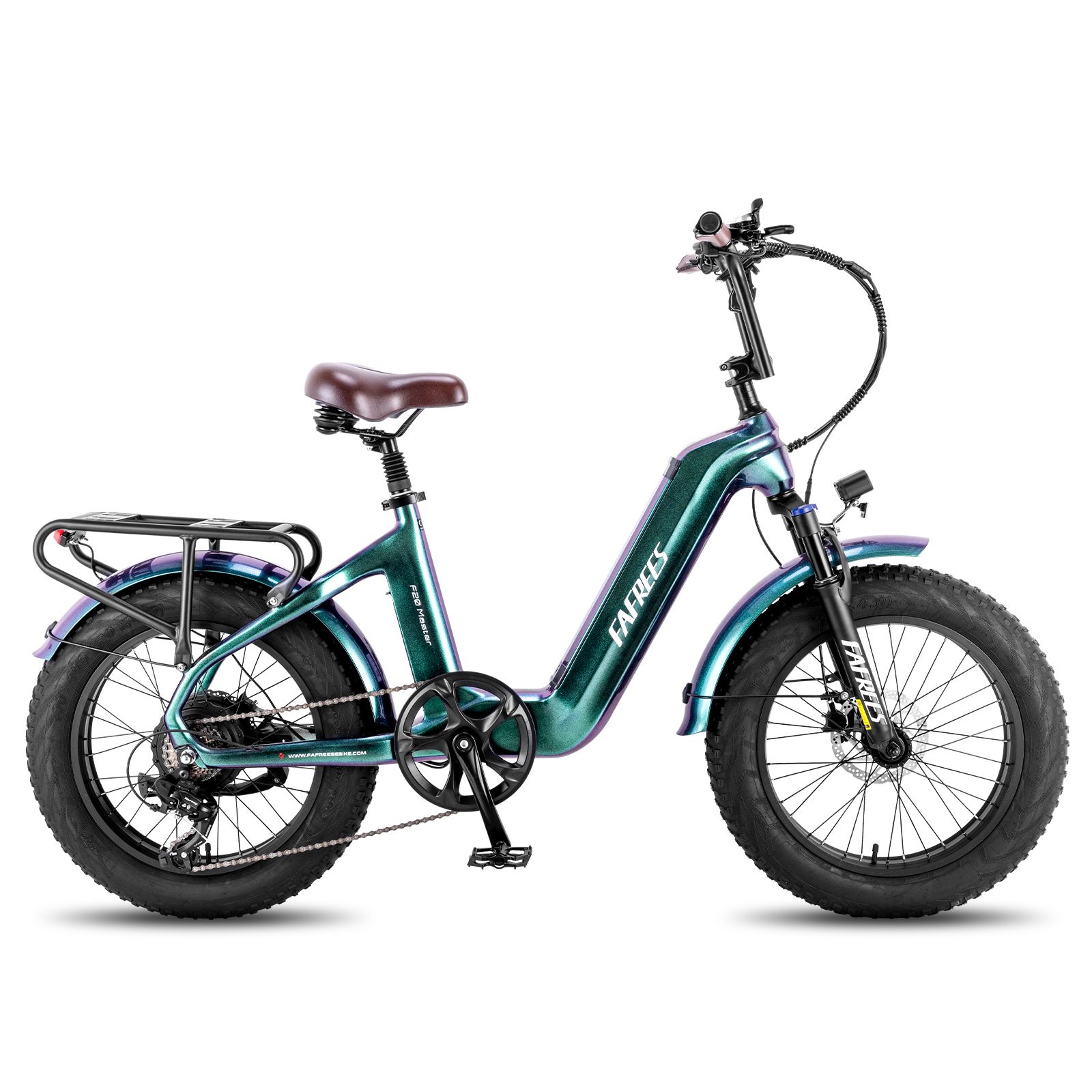 E-bike Fafrees F20 Master. Vernice verde-blu, pneumatici larghi, portapacchi, sella marrone. Logo Fafrees visibile.