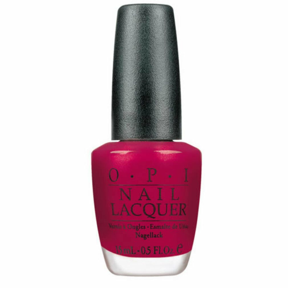Smalto per unghie OPI rosa. Tappo nero, flacone trasparente. Scritta OPI Nail Lacquer. 15 ml.