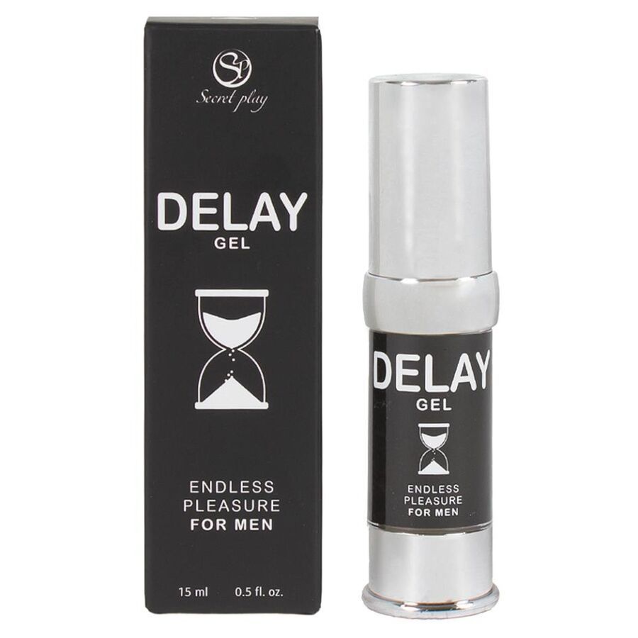 Flacone e scatola neri. Scritta: DELAY GEL, ENDLESS PLEASURE FOR MEN. Logo: clessidra.