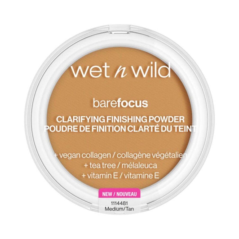 Contenitore rotondo trasparente con polvere beige. Scritta: Wet n Wild, barefocus, Clarifying Finishing Powder. Etichetta: Medium/Tan.