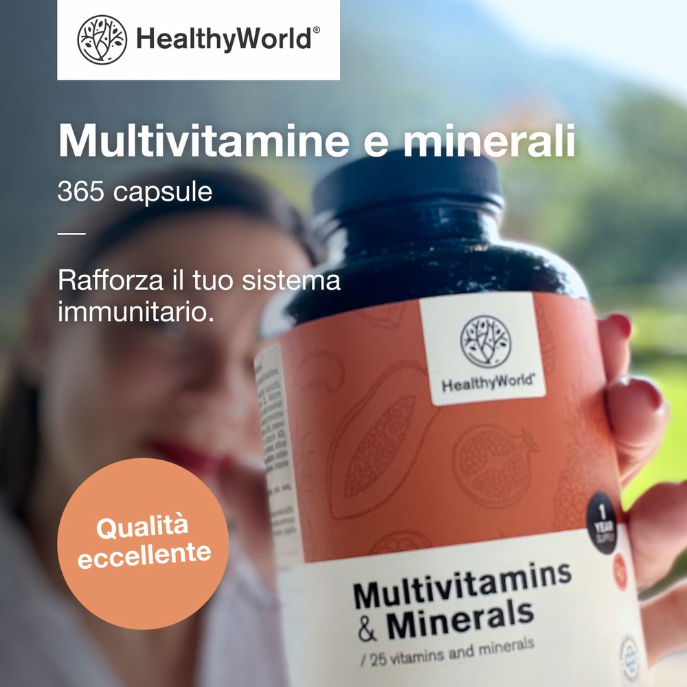 Primo piano di una mano che tiene un flacone di multivitamine. Testo: Qualità eccellente. Logo: HealthyWorld. 365 capsule.