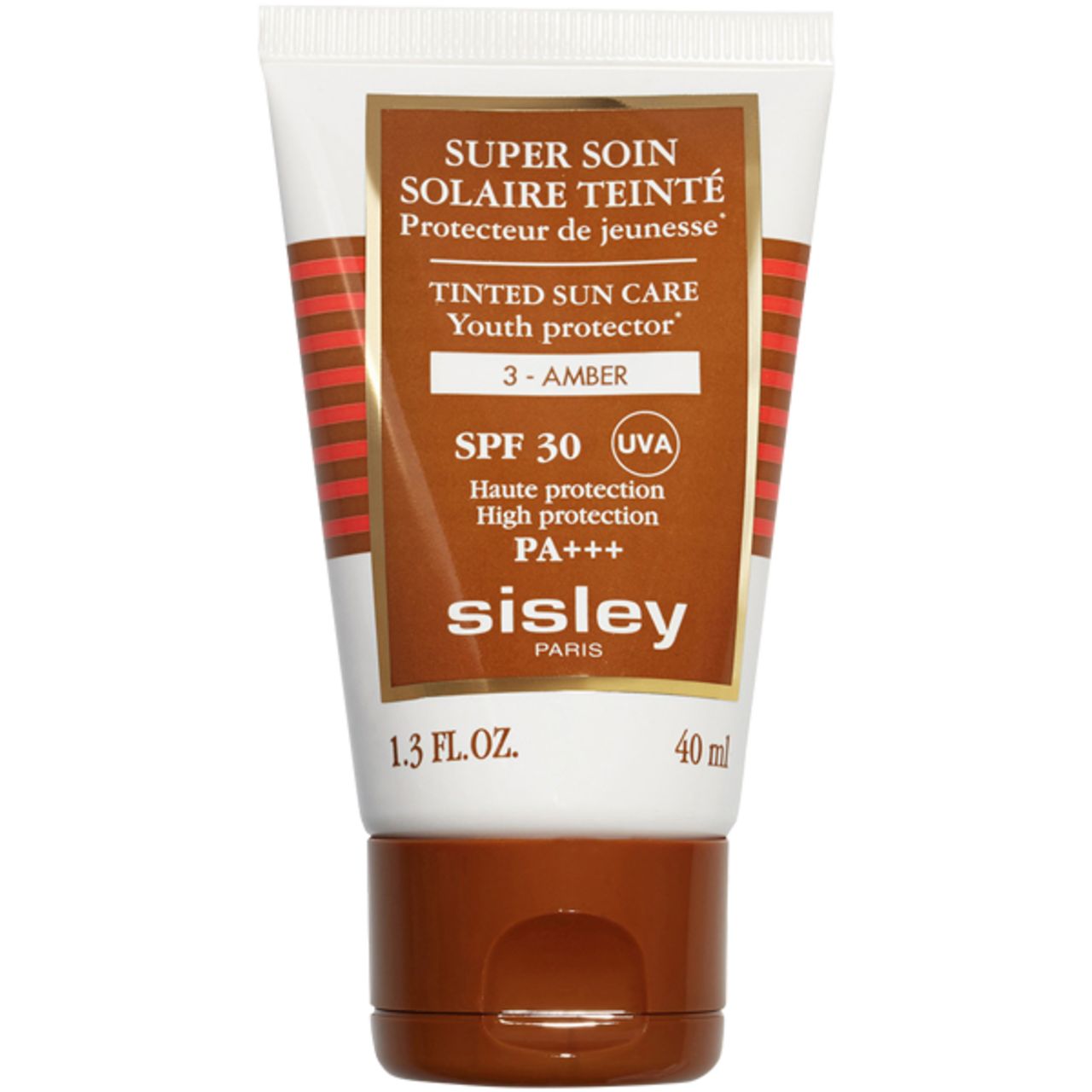 Tubo di crema con testo. Contiene 'SUPER SOIN SOLAIRE TEINTE' e 'SPF 30'. Marchio: SISLEY.