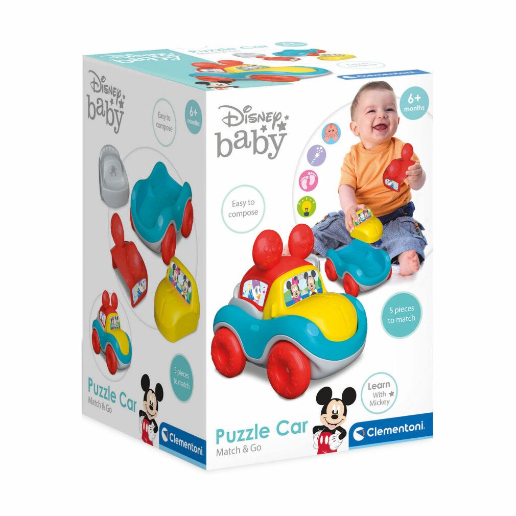 Confezione Clementoni Disney Baby Puzzle Car. Mostra l'auto giocattolo e i pezzi. Bambino con giocattolo.