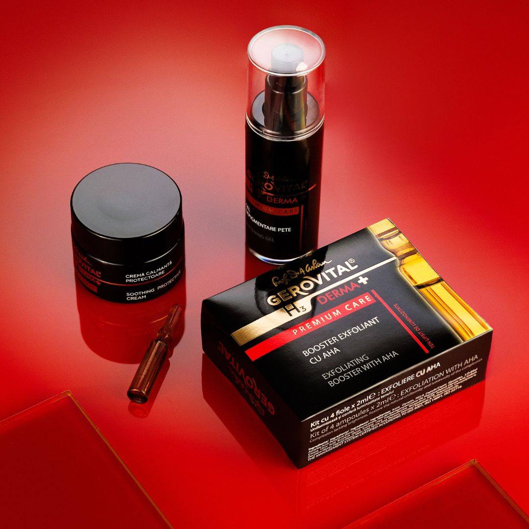 Vari prodotti: vaso, flacone, fiala, scatola. Scritta: Gerovital H3 Derma+, Premium Care. Sfondo rosso.