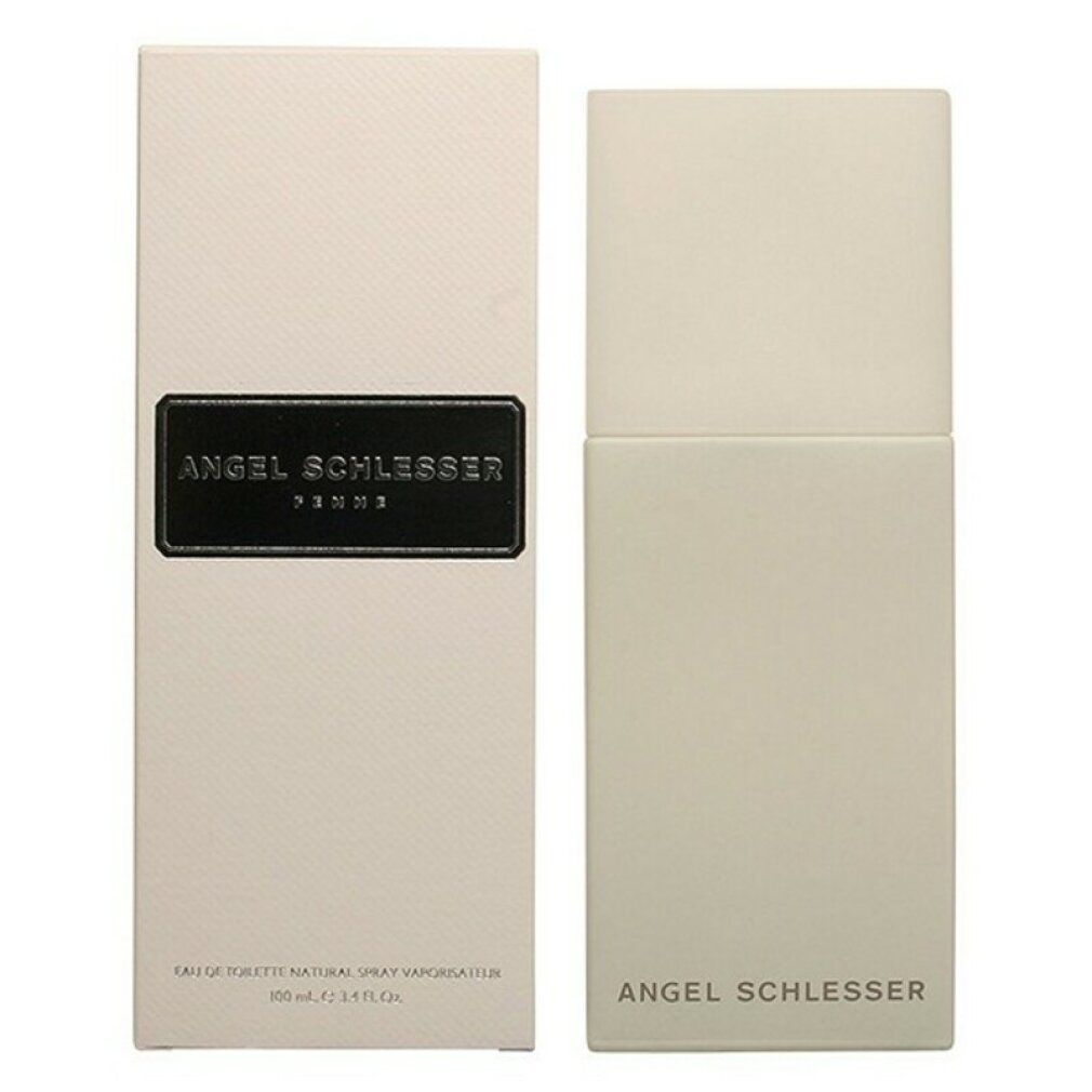 Spray Eau de Toilette beige e confezione. Scritta: Angel Schlesser Femme.