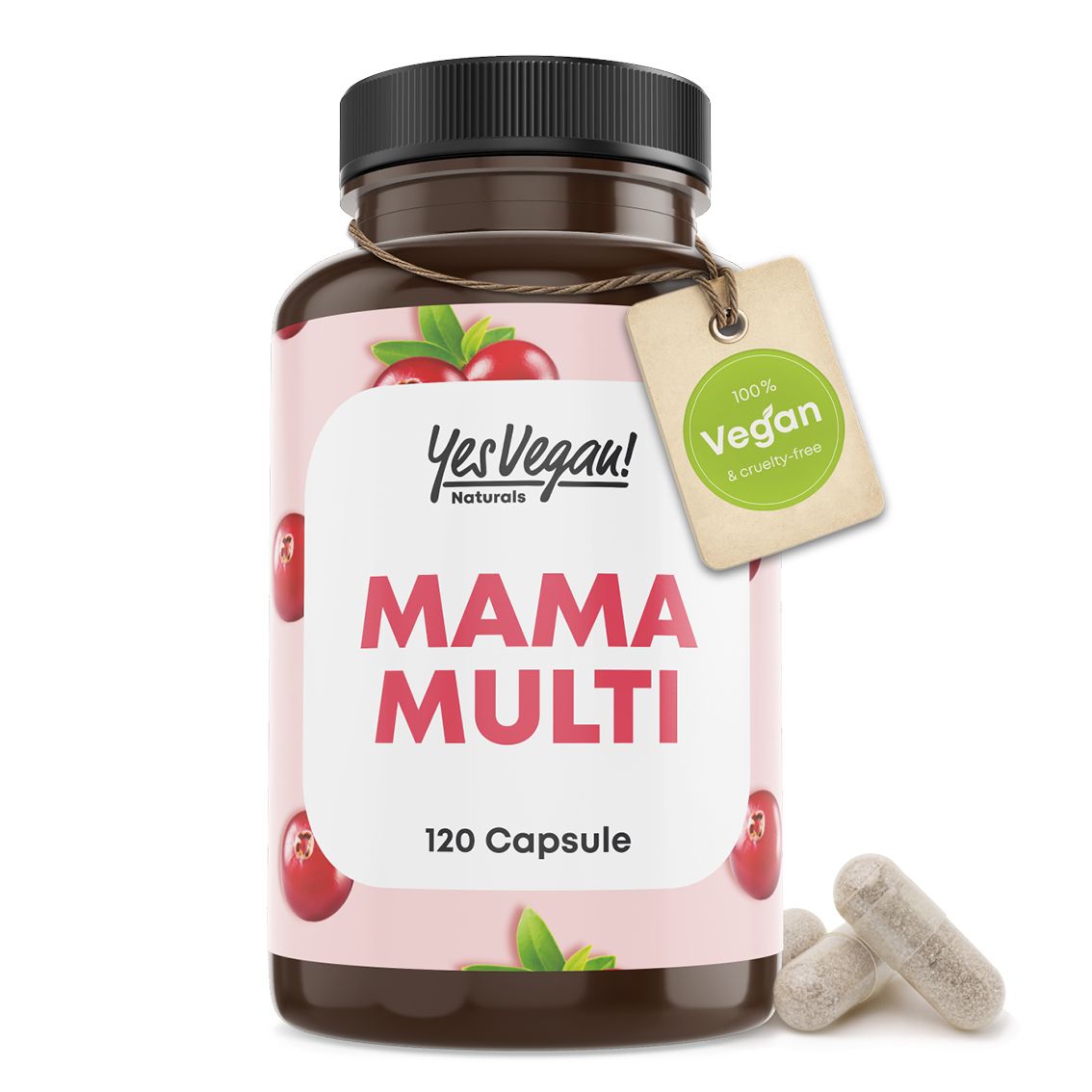Barattolo marrone di capsule Mama Multi con motivo mirtillo rosso e sigillo 100% Vegan.
