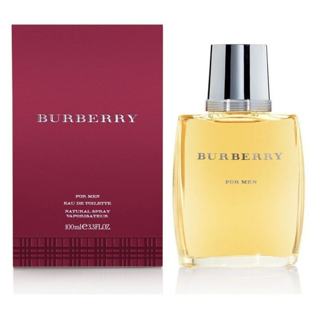 Burberry for Men Eau de Toilette Spray e flacone. Confezione rossa, flacone con tappo argentato.