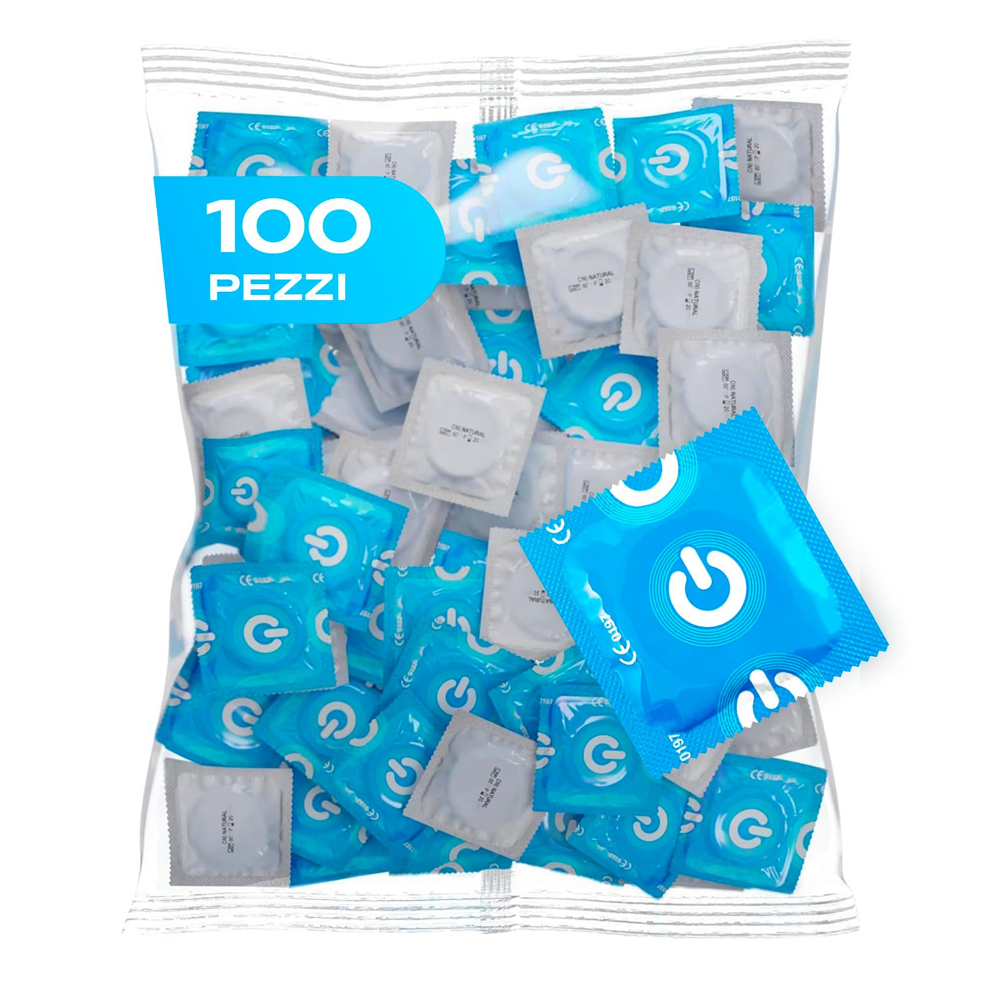 Preservativi ON) Clinic, confezione da 100 pezzi, bustine singole blu con logo a pulsante di accensione.