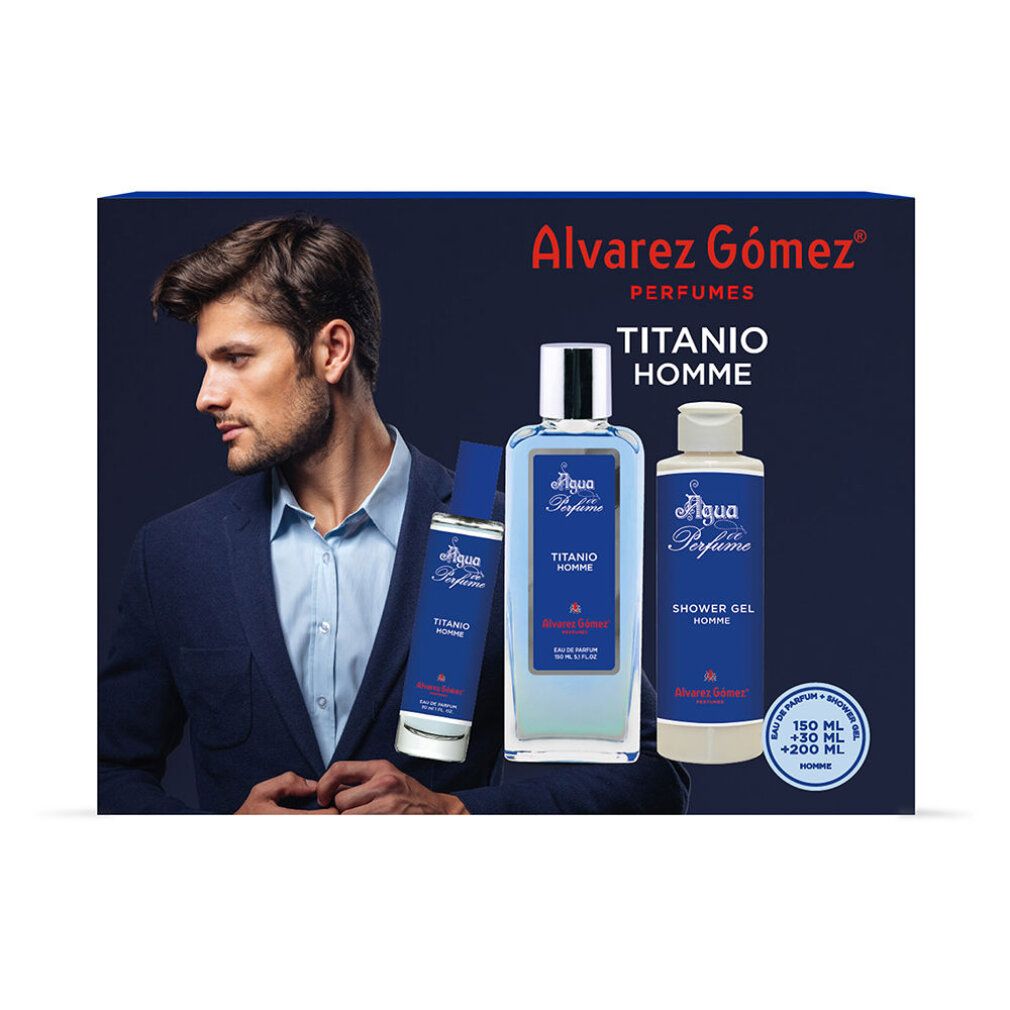 Set regalo con tre prodotti. Flacone, spray e gel doccia. Scritta: Alvarez Gómez, Titanio Homme. Uomo sullo sfondo.