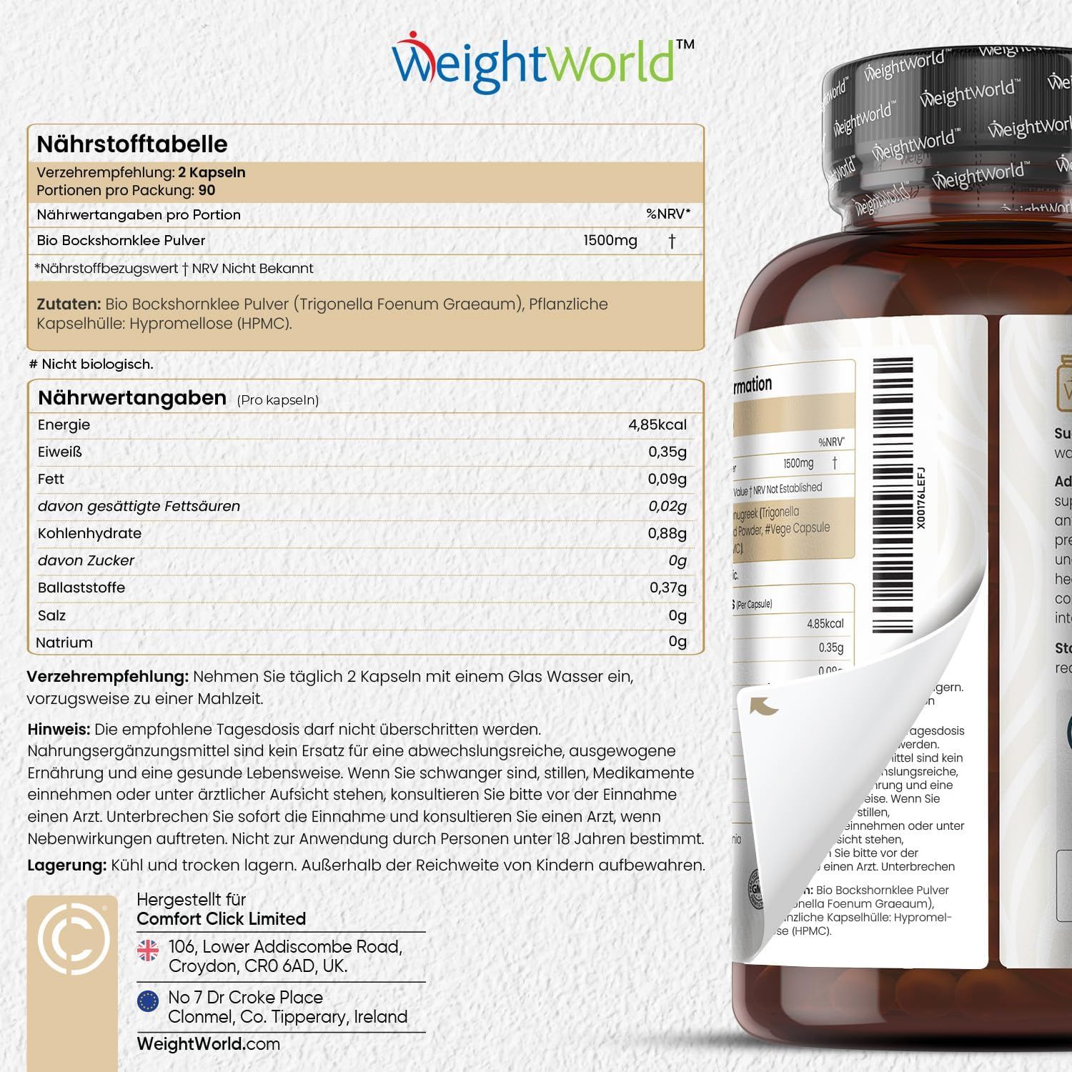 Etichetta di un flacone con tabella nutrizionale. Testo: Tabella nutrizionale, ingredienti, raccomandazioni per l'uso, informazioni. Produttore: Comfort Click Limited.