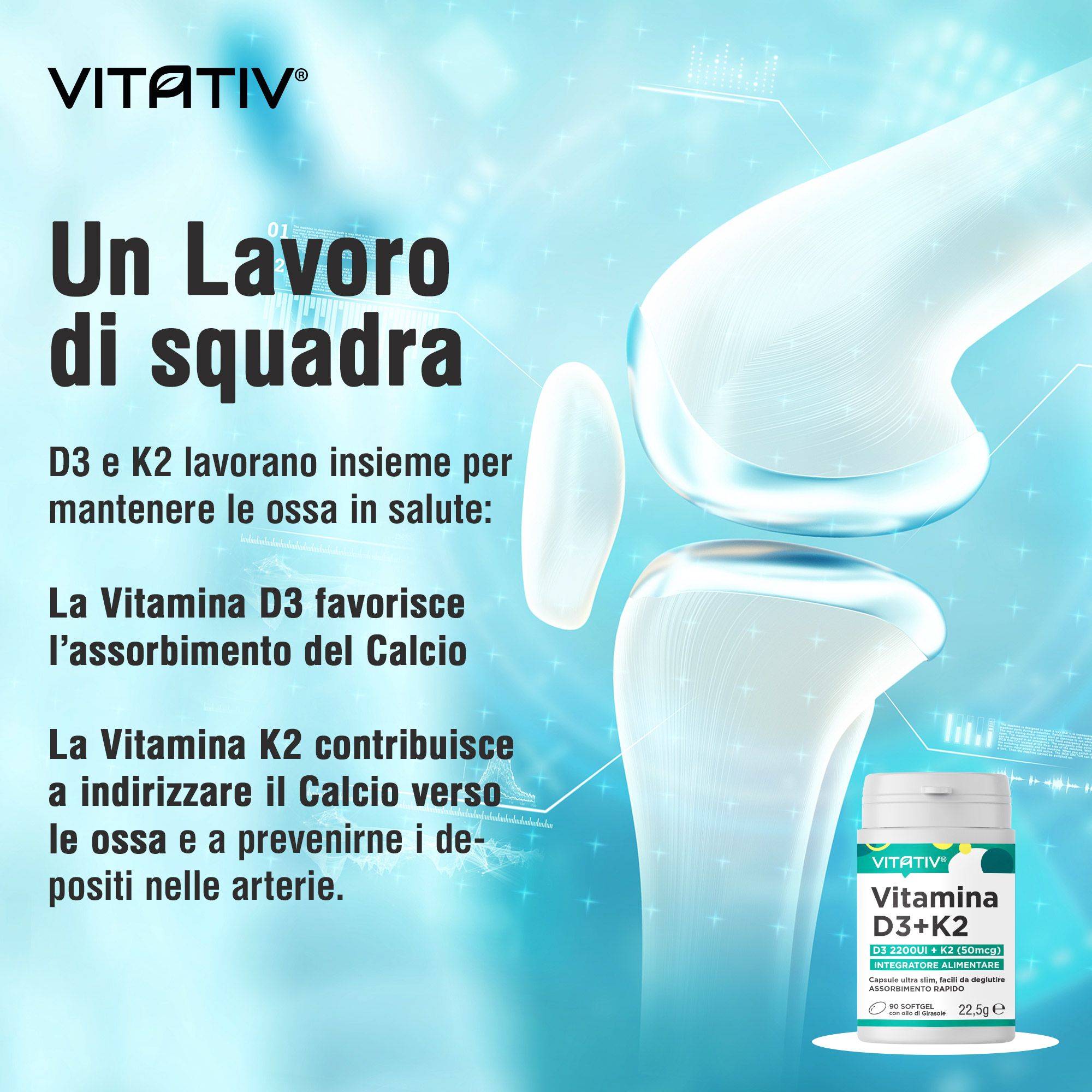 VITATIV® Vitamina D3 + K2 | 90 Mini Softgel | Supporto per Ossa e Denti normali