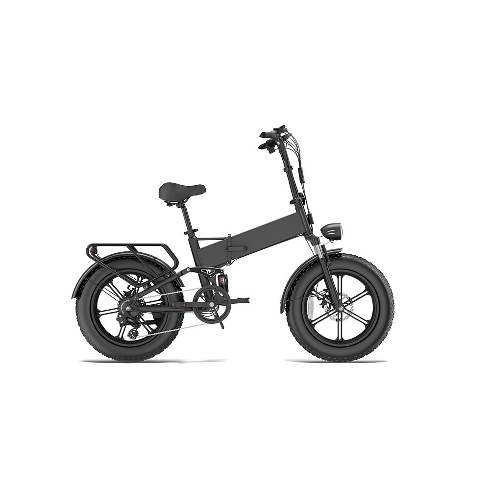 Bicicletta elettrica nera con pneumatici larghi, portapacchi e faro. Vista laterale.