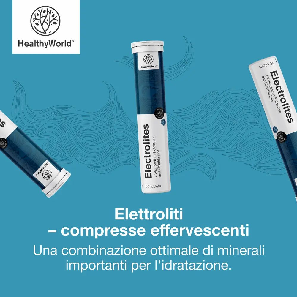 Tre tubi di compresse effervescenti di elettroliti su sfondo blu con motivo a onde.