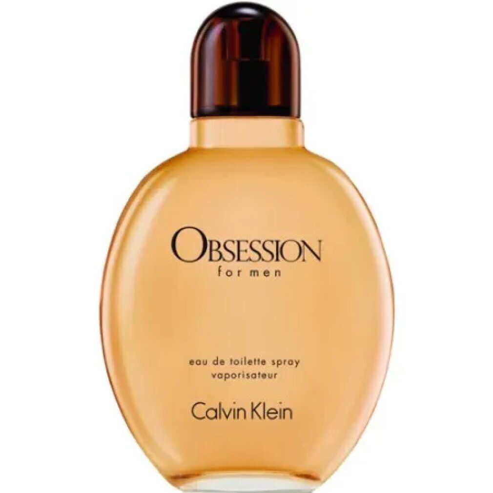 Flacone rotondo con liquido ambrato e tappo marrone. Scritte "OBSESSION for men" e "Calvin Klein".