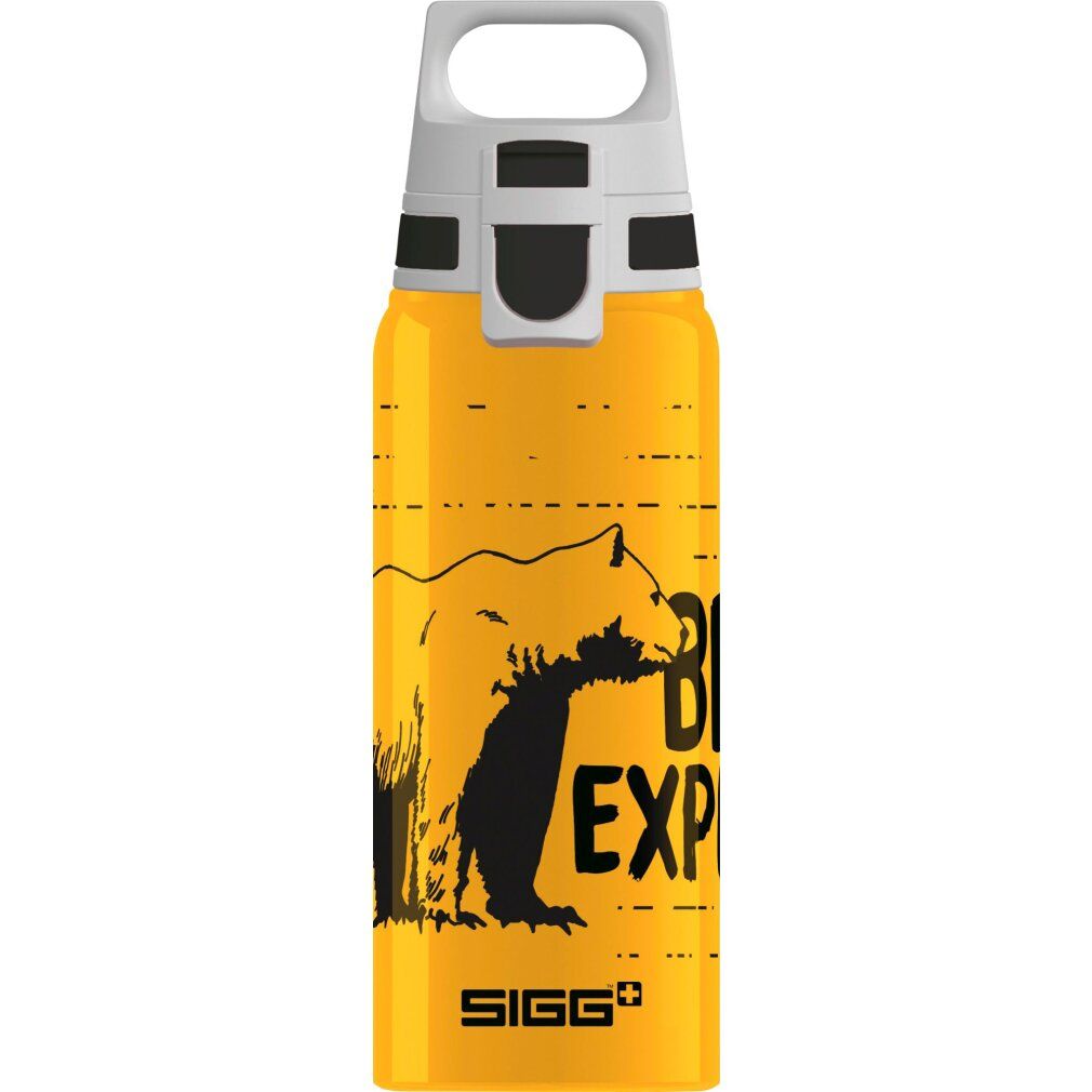 Borraccia gialla con orso e logo SIGG. Tappo bianco con anello. Scritte nere.