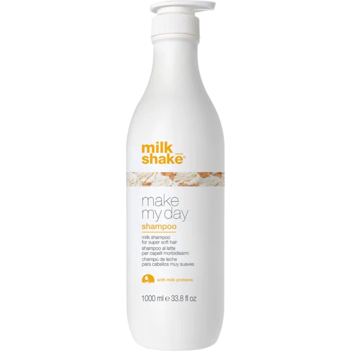 Flacone bianco con pompa di milk_shake Make My Day shampoo con testo.