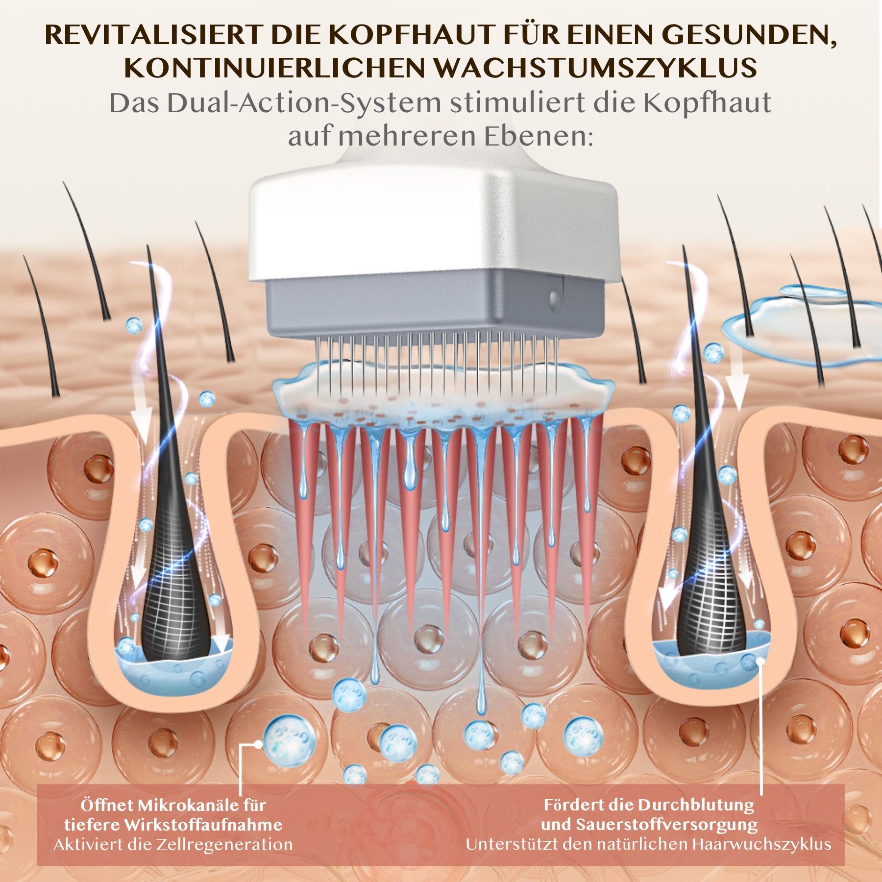 Processo di microneedling. Rappresentazione dei microcanali e della rigenerazione cellulare. Illustrazione.