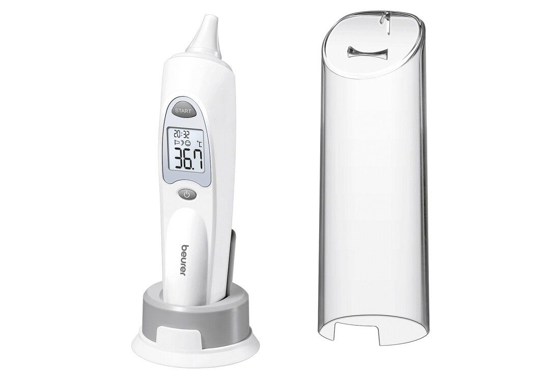 Termometro auricolare con supporto e custodia protettiva. Marca: beurer.