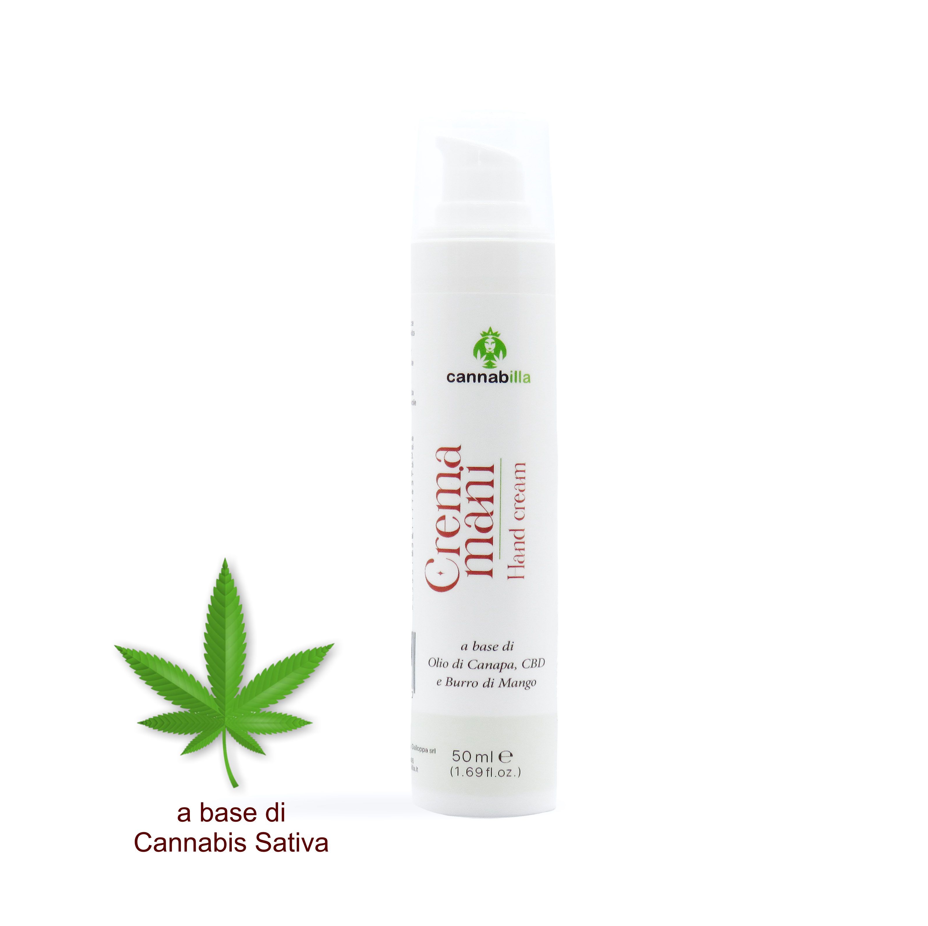 Tubo di crema. Scritta: Crema mani, Hand cream. Logo e testo: Cannabilla. 50ml. Simbolo foglia.