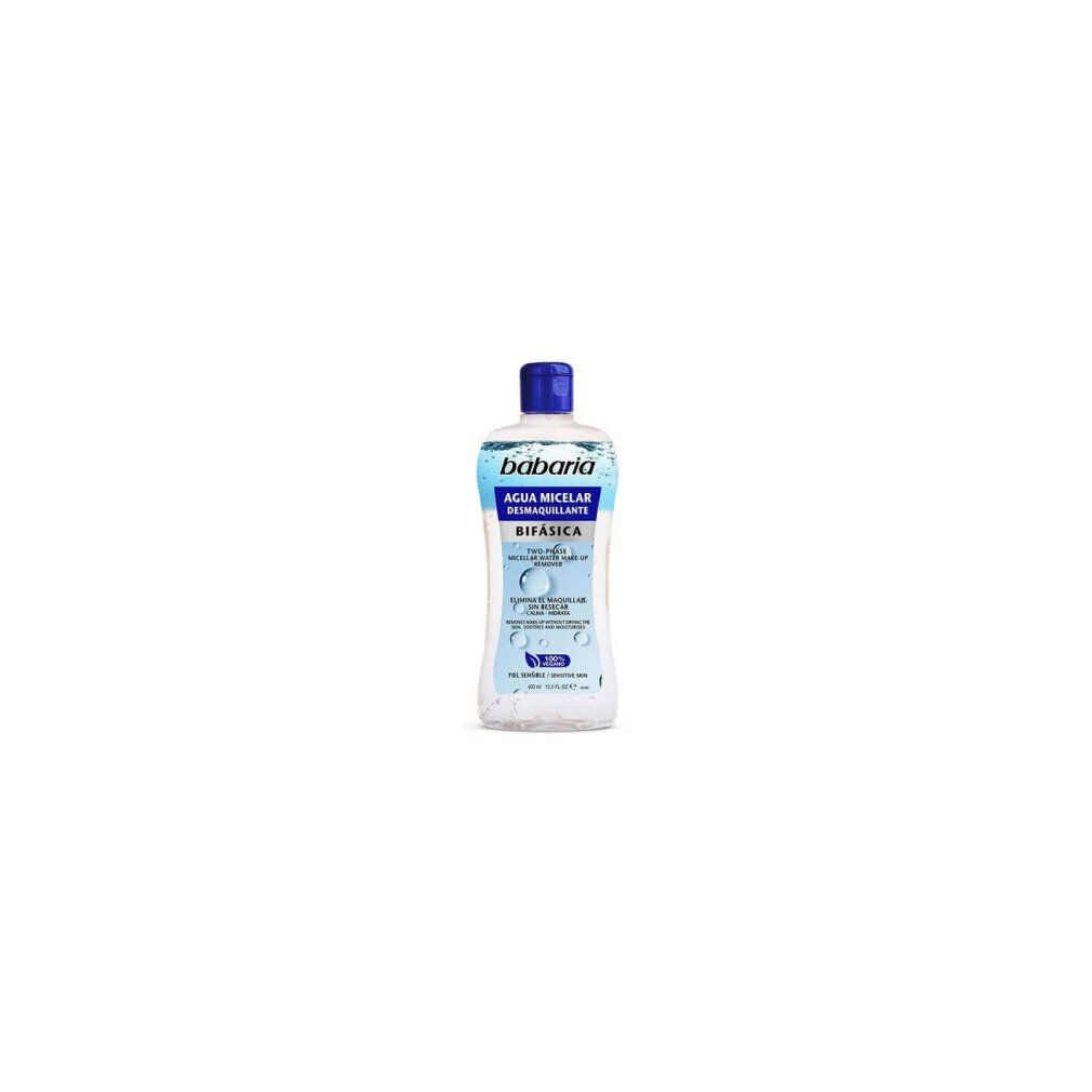Flacone Babaria Micellar Bifasica. Design blu e bianco. Nome del prodotto e logo visibili.