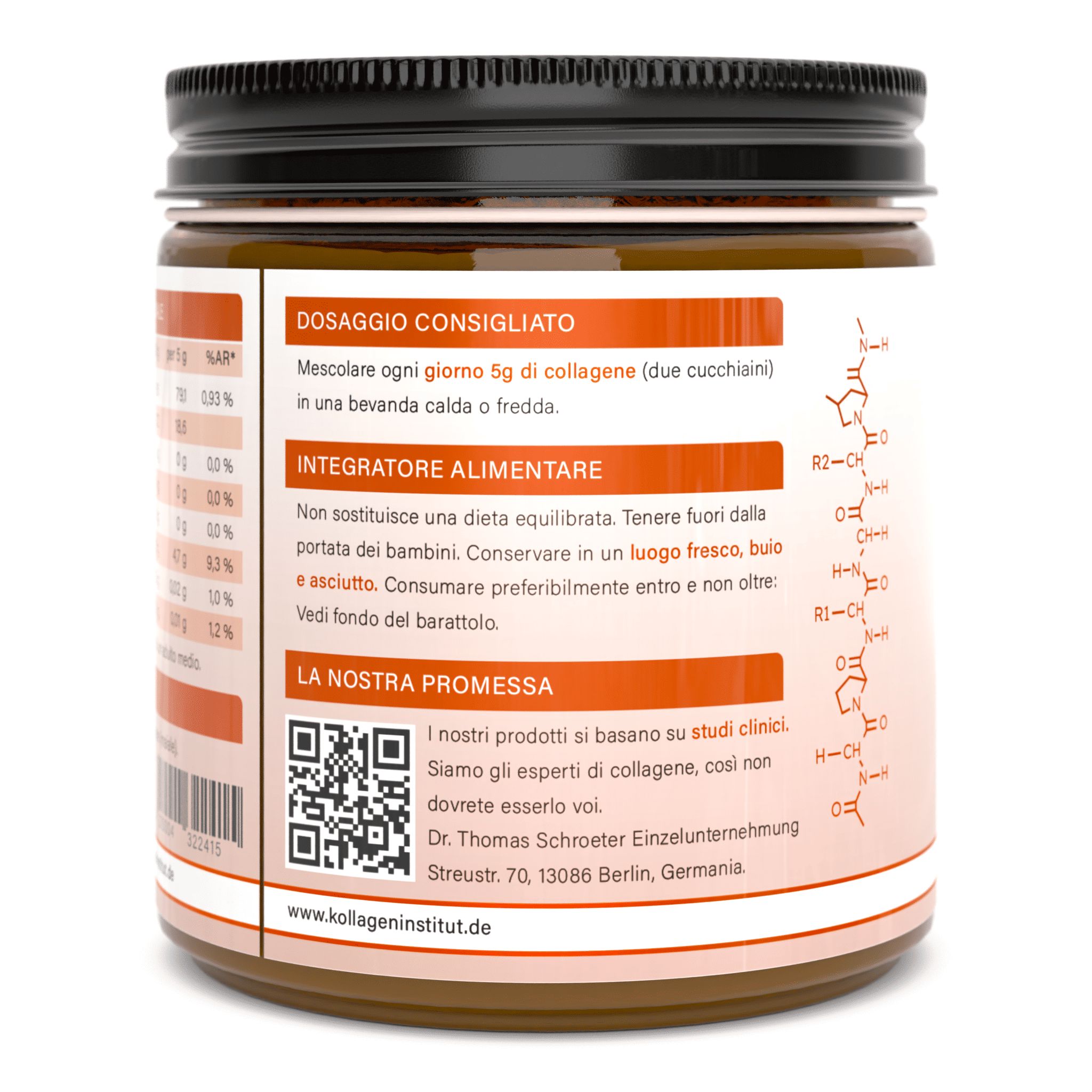 Retro di un barattolo. Dosaggio, istruzioni per l'uso, informazioni sul marchio Kollagen Institut, codice QR e contatti.