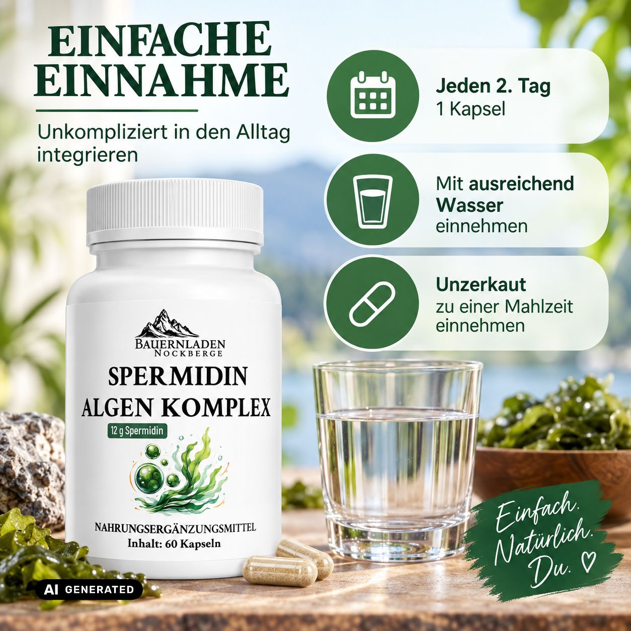 Capsule bianche Spermidin Algen Komplex, 60 capsule. Istruzioni: 1 capsula ogni 2 giorni con acqua.
