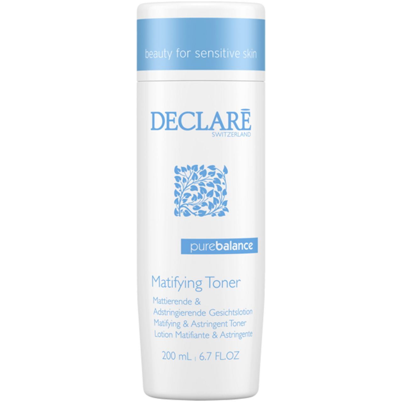 Flacone bianco con tappo blu. Scritta: DECLARE SWITZERLAND, purebalance, Matifying Toner. 200 ml, 6.7 FL.OZ.