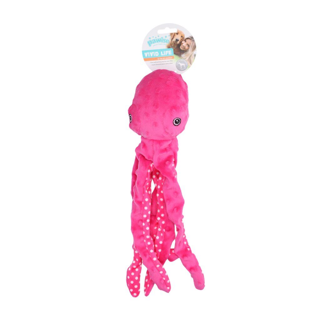 Polpo di peluche rosa con pois bianchi sui tentacoli. Etichetta Pawise Vivid Life.