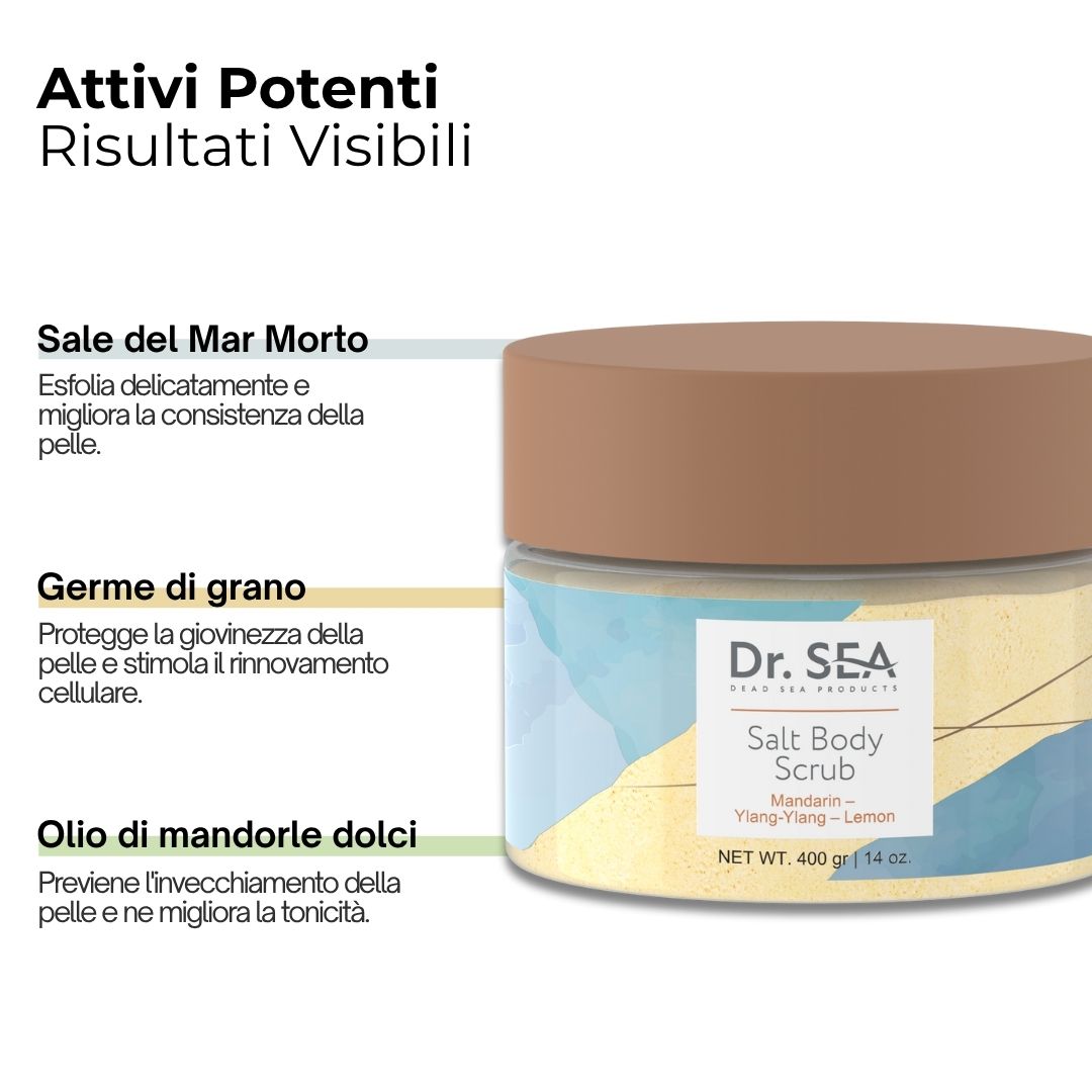 Barattolo di scrub corpo con informazioni. Testo: Sale del Mar Morto, Germe di grano, Olio di mandorle dolci.