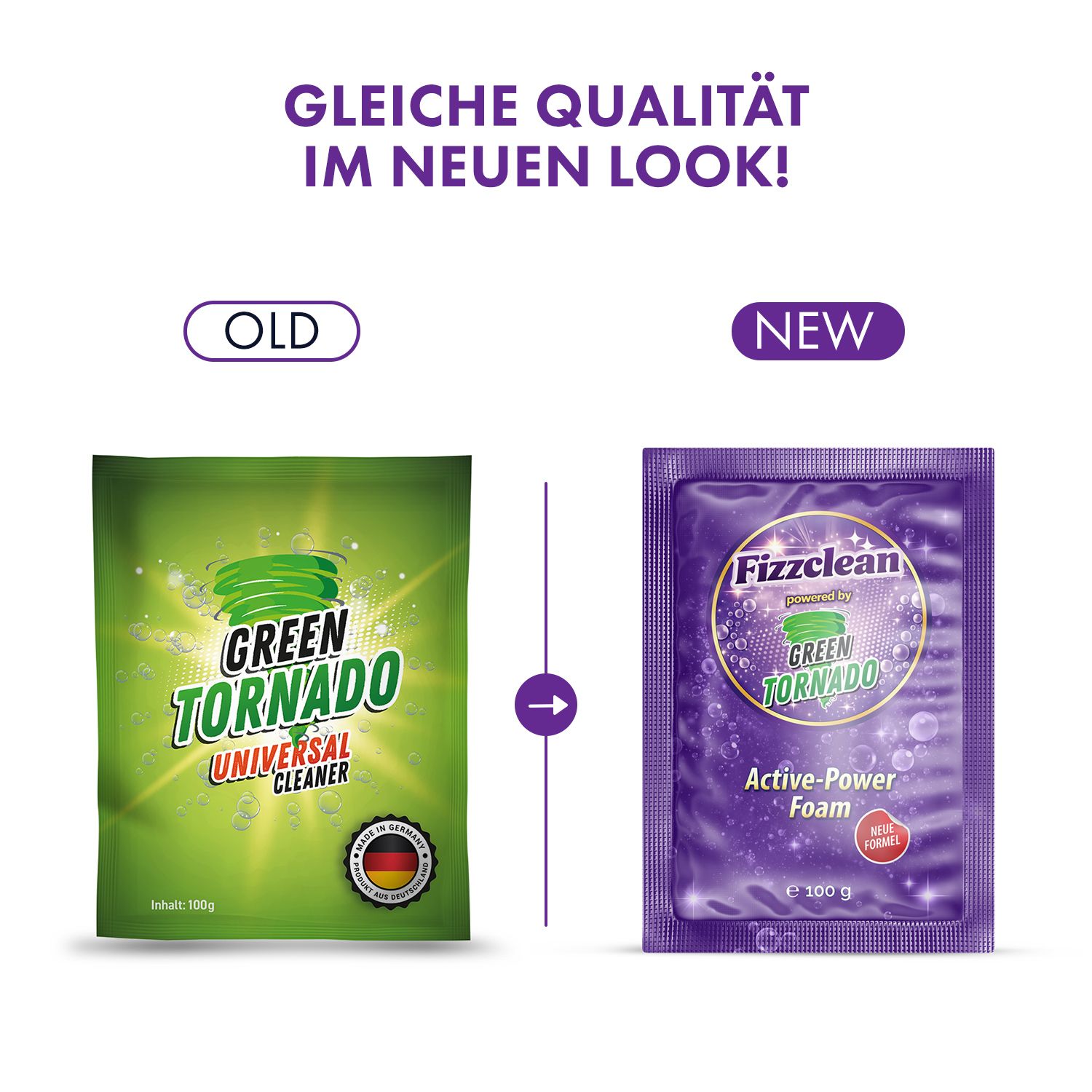 Confronto tra le vecchie confezioni verdi e le nuove viola di Fizzclean.