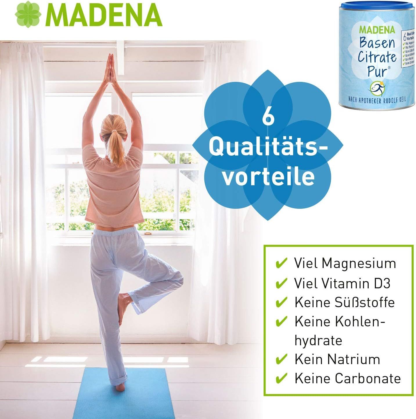 Donna in posa yoga su tappetino blu. Barattolo MADENA Basen Citrate Pur sullo sfondo. Testo: 6 vantaggi di qualità, magnesio, vitamina D3, senza additivi.