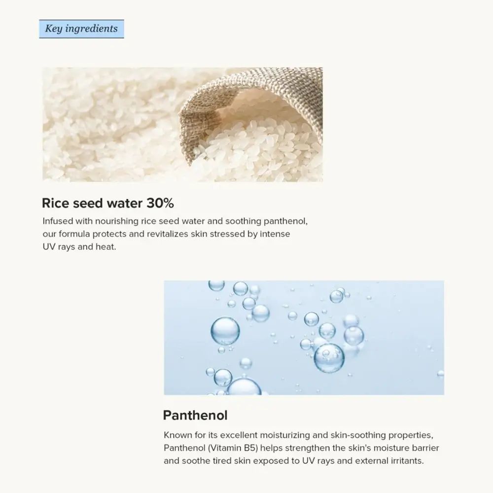 Infografica con ingredienti. Acqua di riso e pantenolo. Testo in inglese.