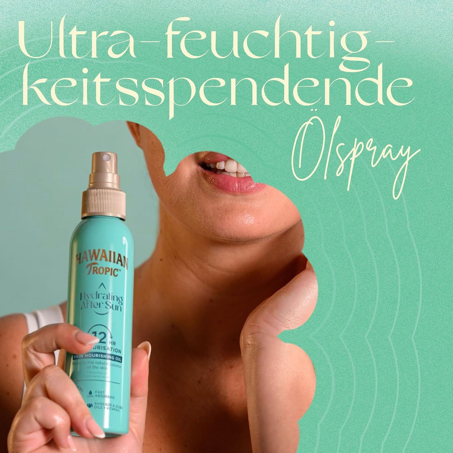 Donna tiene flacone spray. Testo: Olio spray ultra idratante. Hawaiian Tropic, Hydrating After Sun, 12hr Moisturisation.
